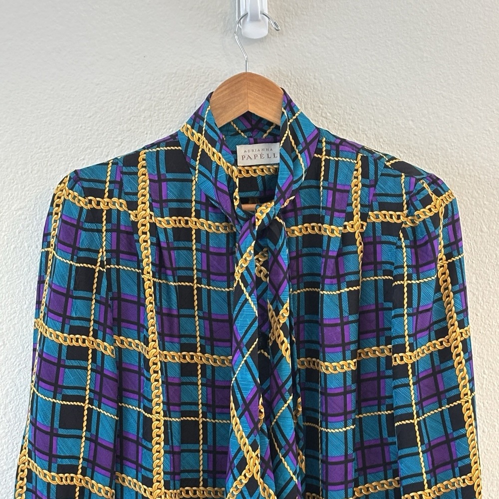 90s Adrianna Papell Silk Shift Dress Womens Blue Purple Plaid Chain Print Bow - Picture 3 of 12